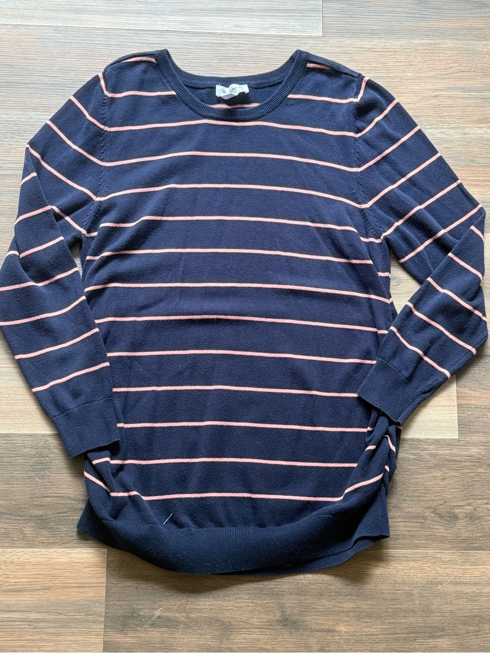 Motherhood Maternity Navy Crewneck Sweater with Pink Stripes